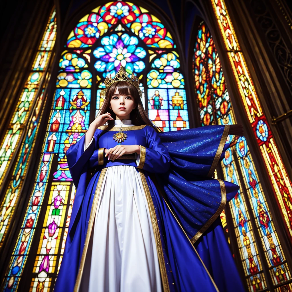 (Cathedral from below:1.28) (ZoomLayer) TopQuality 8K masterpiece of ((Professional photo)), (((Clarisse de Cagliostro))) (Detailed White WeddingDresses), Chain, (((Extremely detailed KAWAII face))) {((VeiledFace))|BlondeHair|(Elaborate BuleEyes)with(SparklingHighlights:1.28)}, The background is distant (((Elaborate stained glass))) Rainbow Glass, {(MysticSight)|EnchantingAtmosphere|Haze|(GodRays)|TyndallEffect}, Radiant PearlSkin with Transparency, (Exposed:0.39)