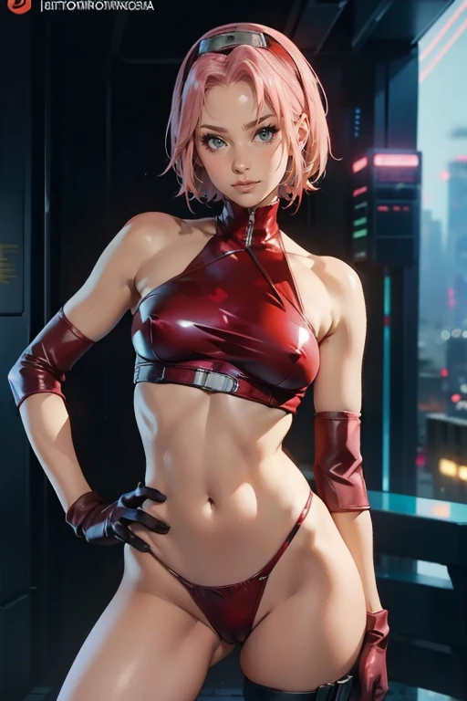 harunoshipp, hairband, forehead protector, gloves, aqua eyes, hair ornament, ((solo)), 1girl, looking at viewer, perfectly detailed face, slim waist, tight body, fit body, Very beautiful face, femininity, 8K UHD, Heightened sexuality, ((cowboy shot)), artgerm, fit body, front_view, crop top, thong, cyberpunk background, night, standing, open legs, seducing, slim waist, ((sexy pose)), Very beautiful face, femininity, detailed face and body, expressive look, Heightened sexuality, thong, sexy, sexy pose, covered erect nipples, red latex, ninja