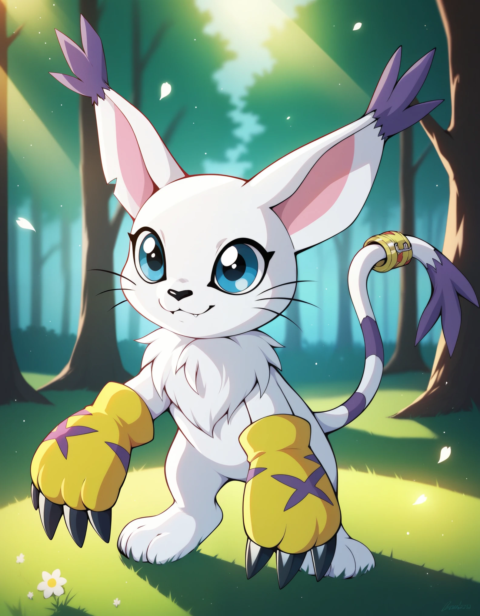 score_9,score_8_up,score_7_up, absurdres,masterpiece,outstanding,gatomon,digimon,feral, a photograph of gatomon standing, in a forest, blue eyes, tail ring, paw gloves, yellow gloves, feral,dof,bokeh