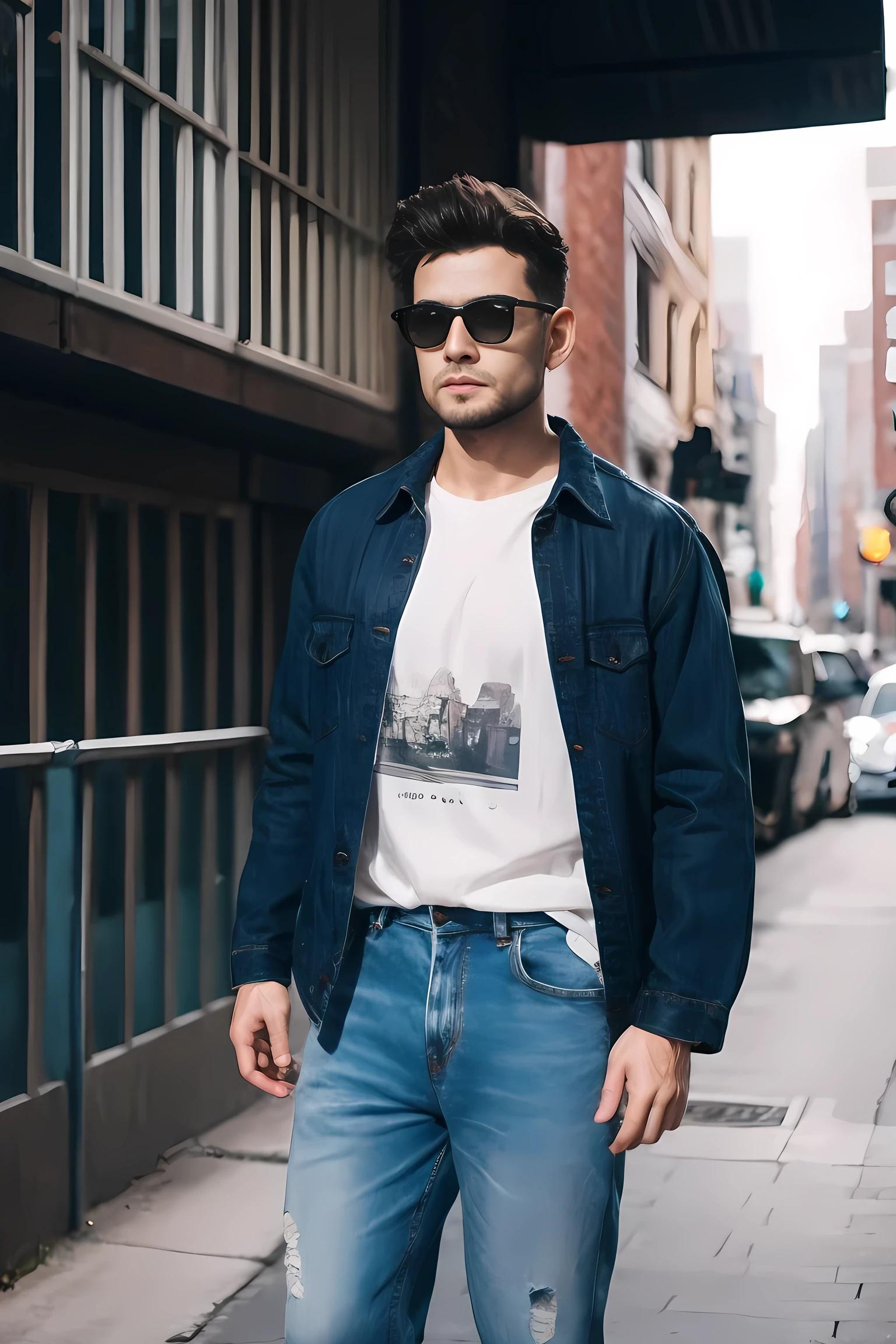 Realistic photography, man , t-shirt, jeans,