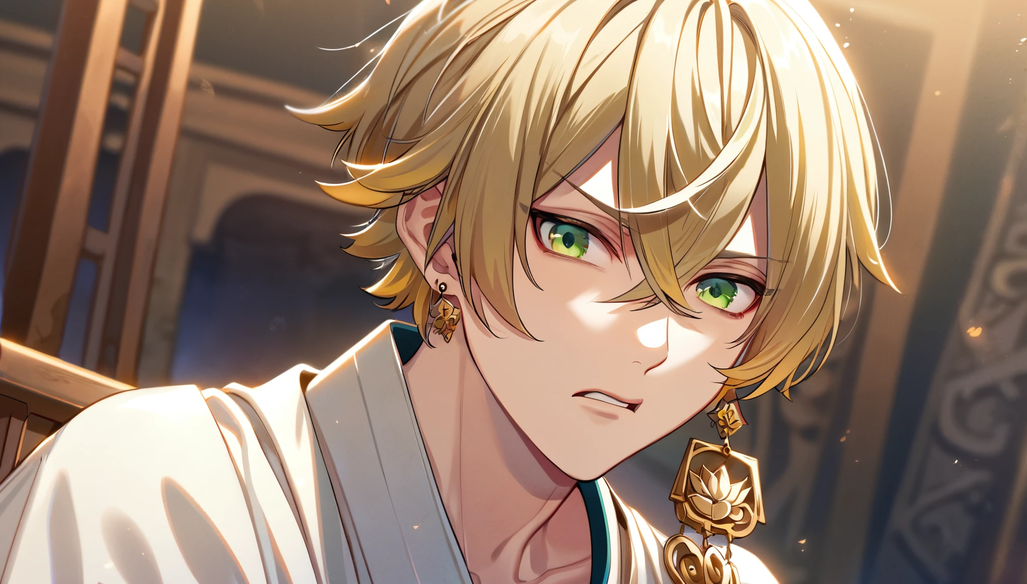 (absurd, highres, ultra detailed, HDR), masterpiece, best quality, perfect face, fine features, bright green eyes, solo, male, handsome, Taishakuten, ash blonde hair, hair between eyes, white tunic, chest, lotus earrings, onmyoji , medieval bedroom, tied to an old chair, terrified, angry,