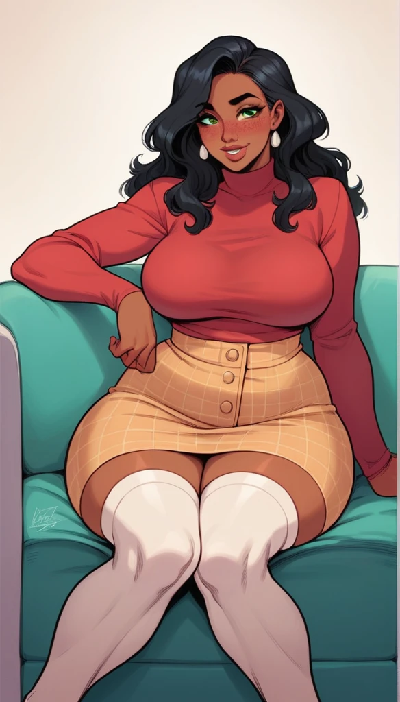 best quality, super fine, 16k, incredibly absurdres, extremely detailed, 2.5D, delicate and dynamic, a beautiful woman of 30 years, mature woman, dark skin, slight smile, sweet lips. Black hair, green eyes, downturned eye shape, eyebrows, strong eyebrows. High cheekbones, strong chin. Pink freckles. breasts, voluptuous, broad hips, tall, High. Wearing a bluse, tweed skirt, half buccaneer, Long thigh high stockings. (Siting on a sofa) showing legs (Legs open to the viewer) (legs to the sides) showing thighs