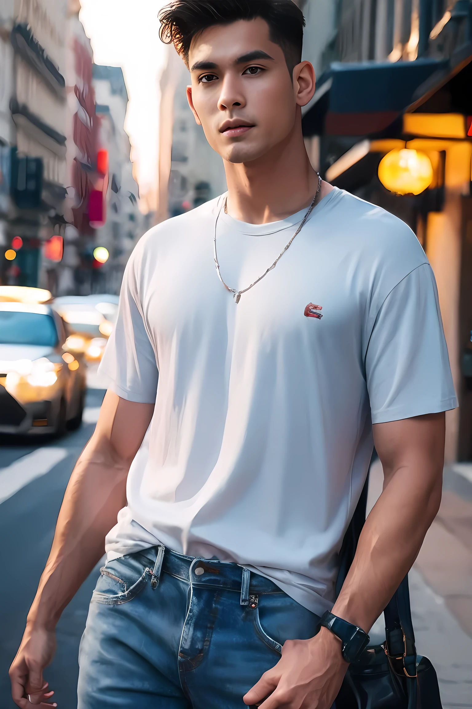 Realistic photography, man , t-shirt, jeans,