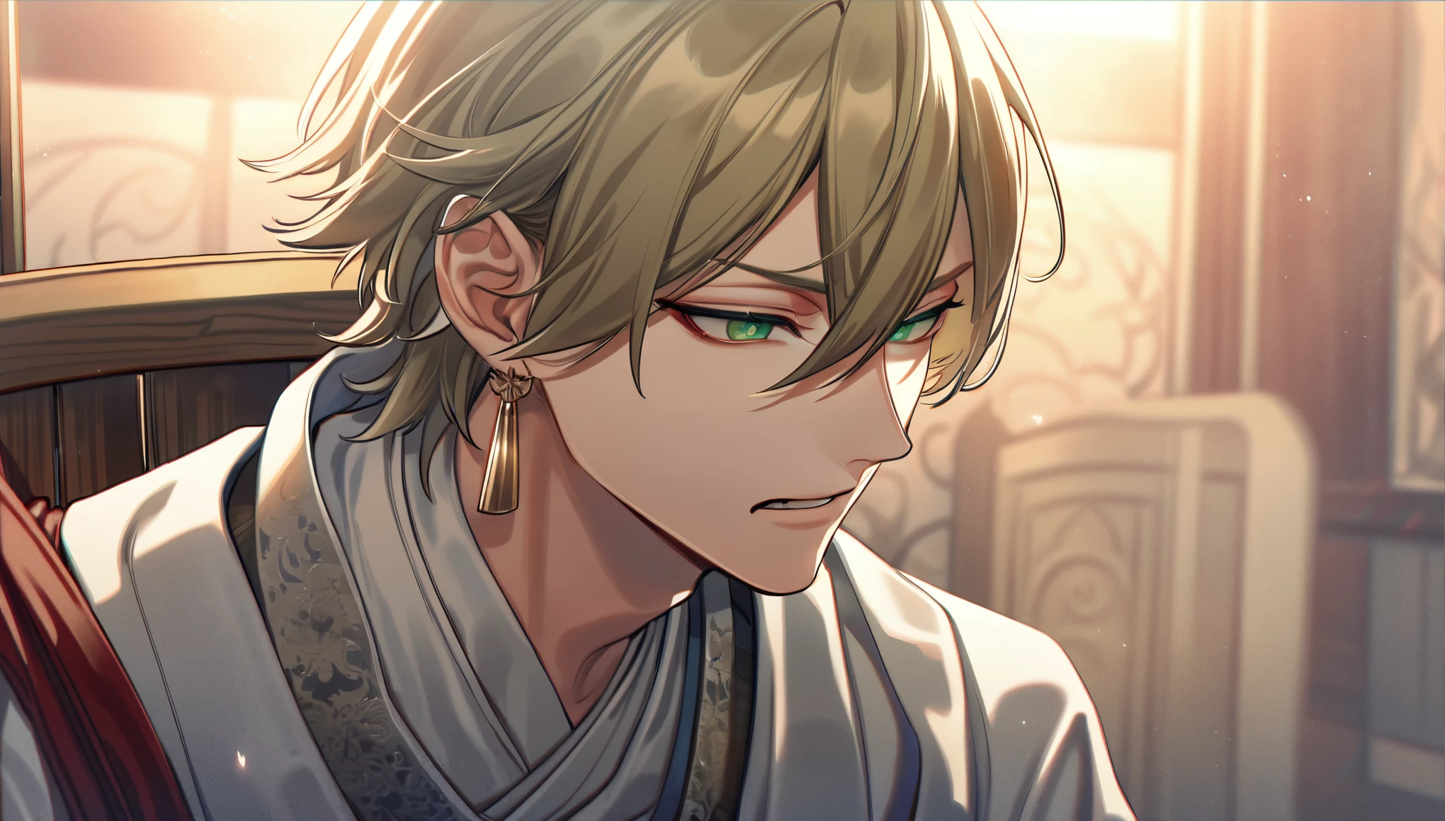 (absurd, highres, ultra detailed, HDR), masterpiece, best quality, perfect face, fine features, bright green eyes, solo, male, handsome, Taishakuten, ash blonde hair, hair between eyes, white tunic, chest, lotus earrings, onmyoji , medieval bedroom, tied to an old chair, terrified, angry,