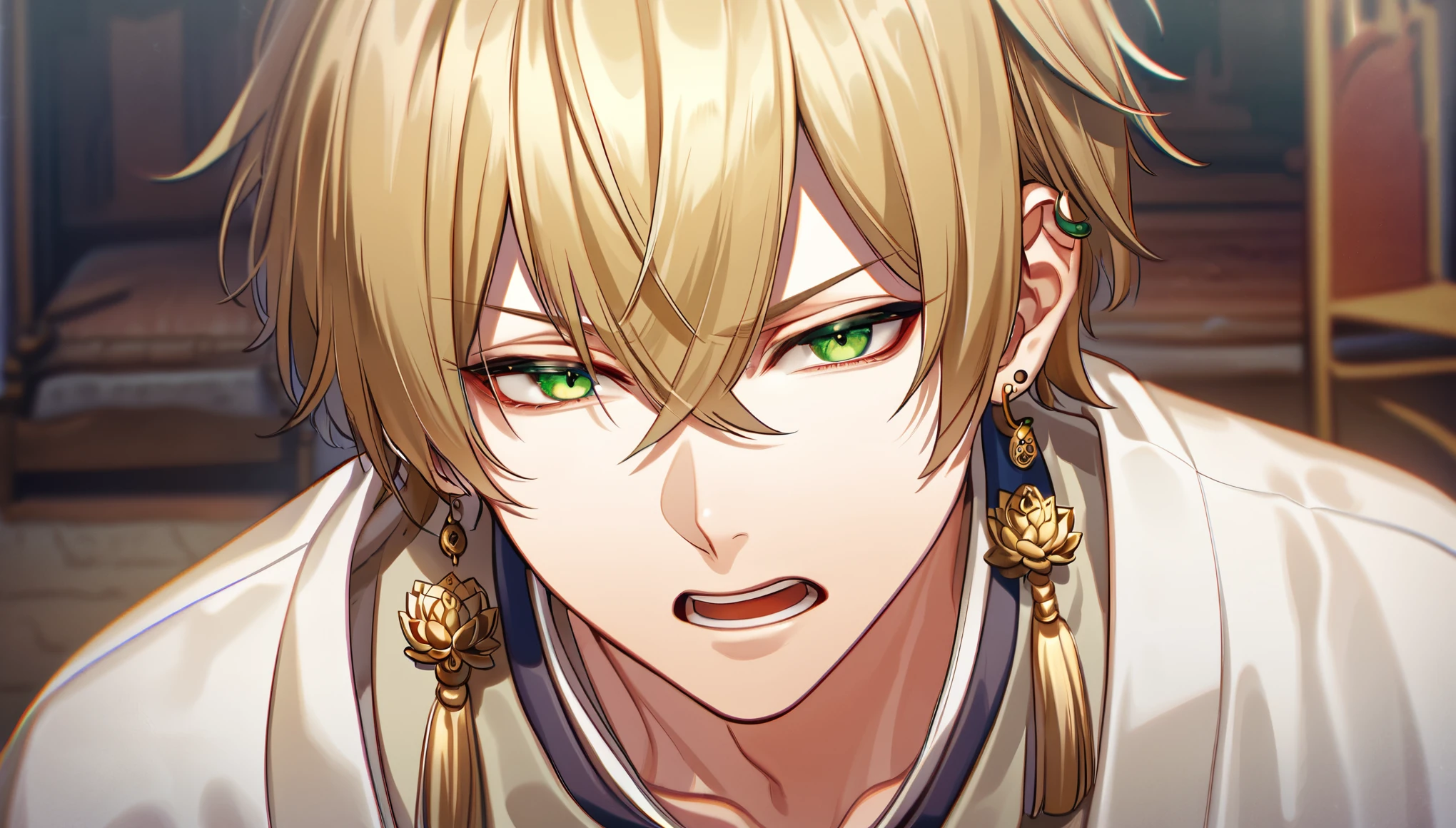 (absurd, highres, ultra detailed, HDR), masterpiece, best quality, perfect face, fine features, bright green eyes, solo, male, handsome, Taishakuten, ash blonde hair, hair between eyes, white tunic, chest, lotus earrings, onmyoji , medieval bedroom, tied to an old chair, terrified, angry,