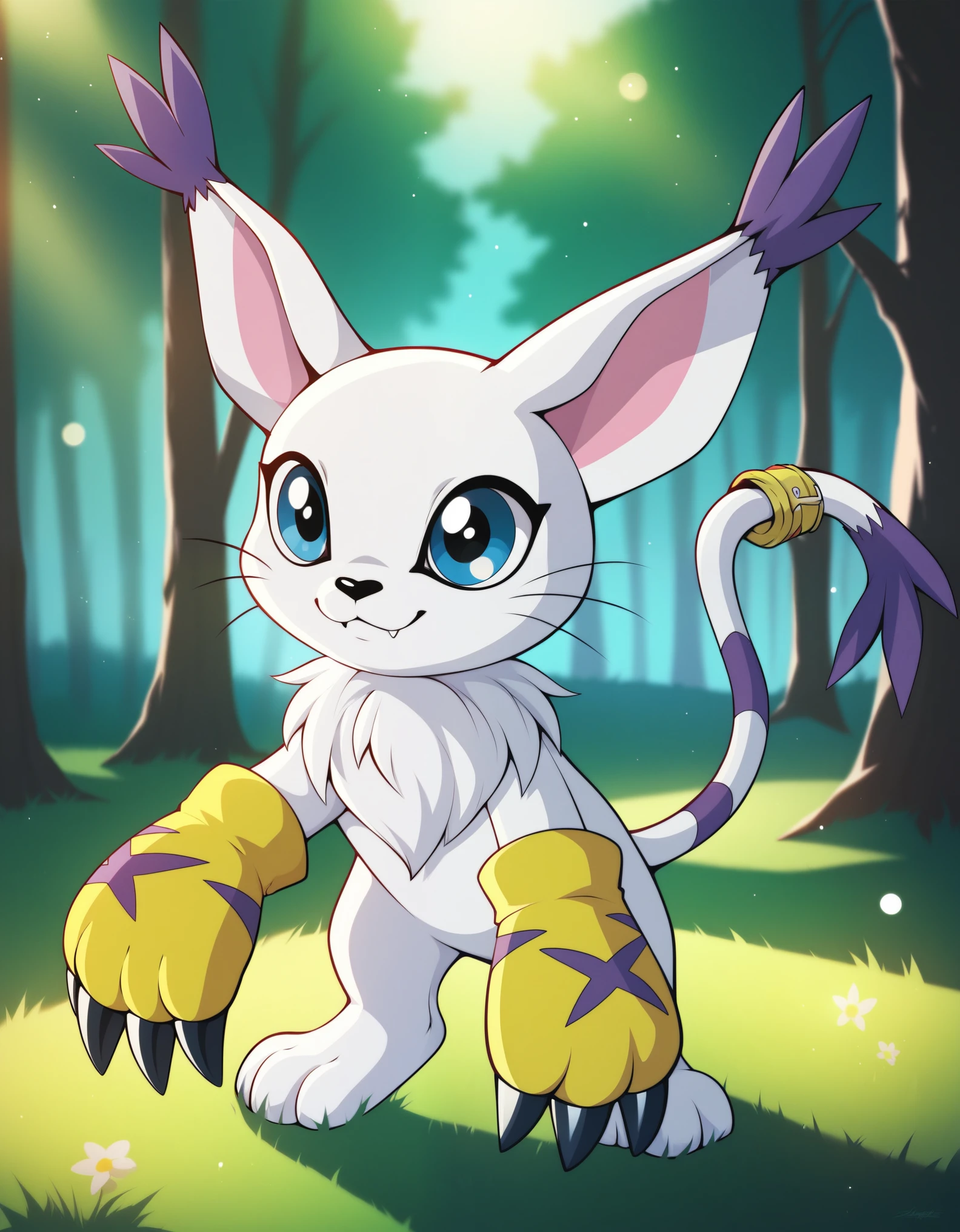 score_9,score_8_up,score_7_up, absurdres,masterpiece,outstanding,gatomon,digimon,feral, a photograph of gatomon standing, in a forest, blue eyes, tail ring, paw gloves, yellow gloves, feral,dof,bokeh