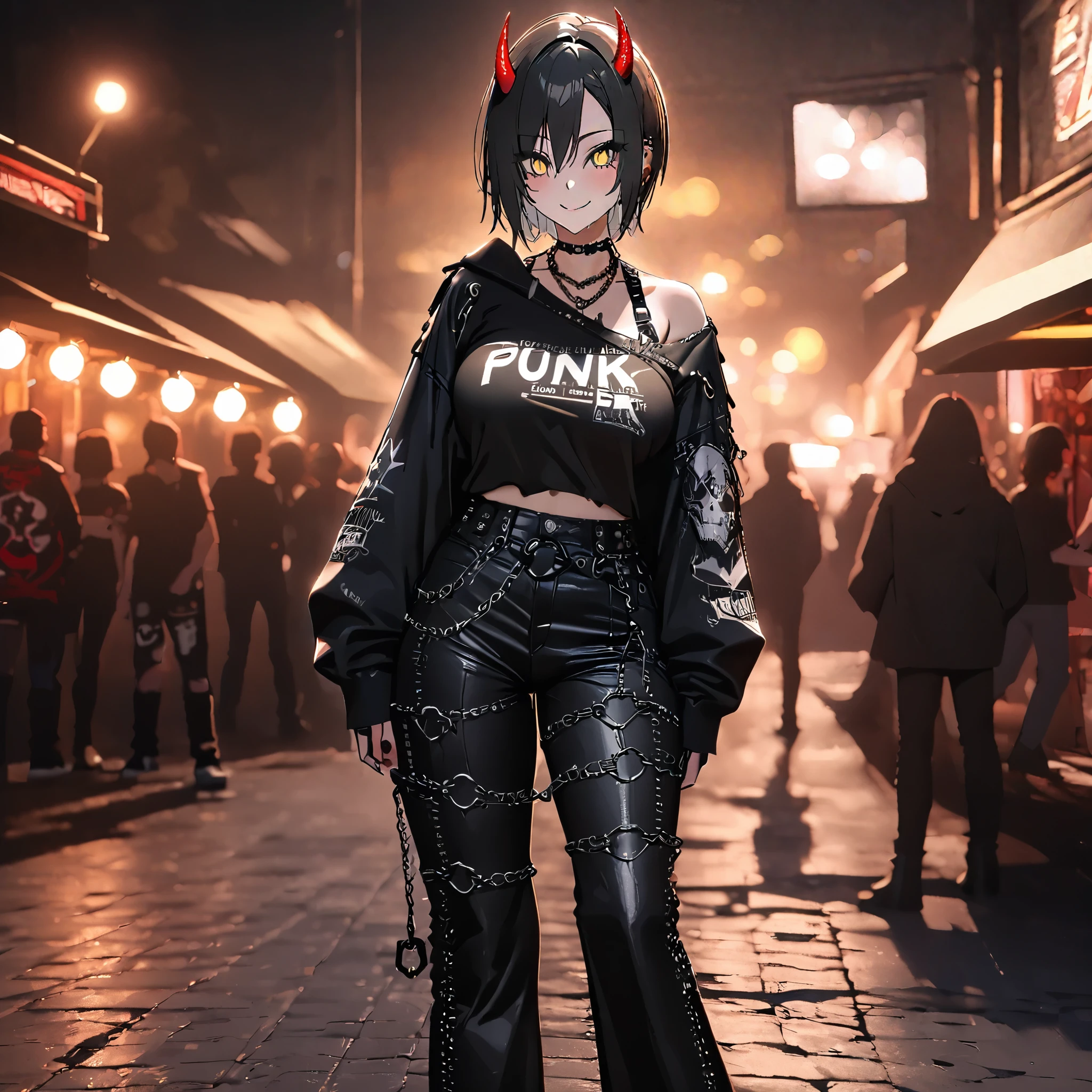 A woman wearing a black punk style shirt, wearing punk rock style pants, emo style, black hair, short hair, red horns, yellow eyes, big breasts, black leather boots, chain between the pants, wearing punk bras , standing, outside a rock in roll event, smiling, perfect face, perfect eyes, place at night, with lighting,UHD , prime work , accurate , anatomically correct , textured skin , super details , high quality , best quality, 8k, high resolution, bokeh effect. (woman solo), close view
