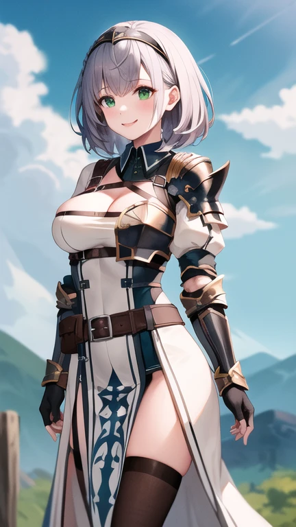 masterpiece, best quality, highres, aanoel, medium hair, green eyes, hairband, blue collar, shoulder armor, cleavage, mole on breast, armored dress, chest belt, gold trim, fingerless gloves, black gloves, brown belt, pouch, pelvic curtain, black thighhighs, outdoors, cowboy shot, standing, arms at sides, smile