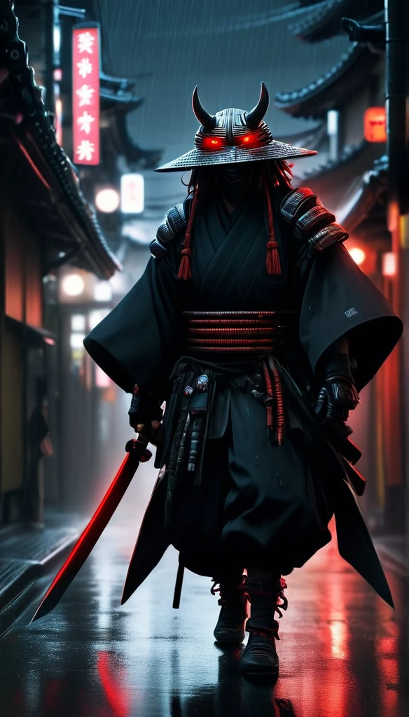 ninja shinobi cyberpunk robot cyborg .big thighs.Wallking street 
two samurais walking down a street at night, yasuke.Ninja wearing conical hat. shinobi Cyborg. Red eyes, devil mask, rain. Dark night. Equipped with Sword on back. Katana on back. Robot. gears. screws. lights. wires on back. Arresting monsters in alleys.real. tokyo. UE5 CGI