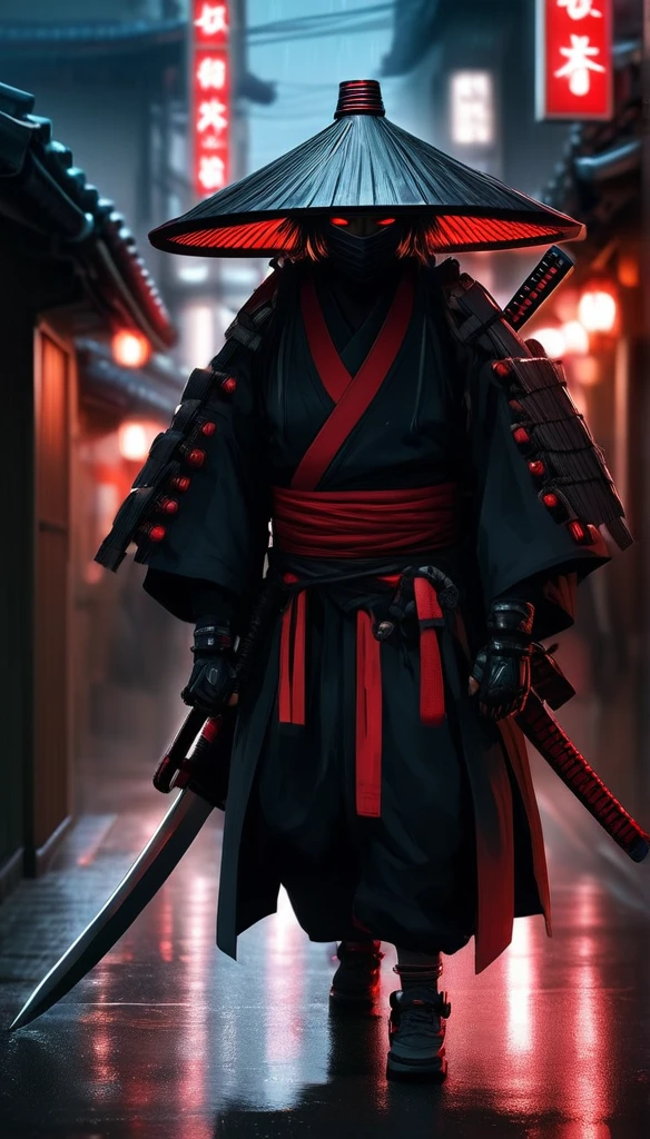 ninja shinobi cyberpunk robot cyborg .big thighs.Wallking street 
two samurais walking down a street at night, yasuke.Ninja wearing conical hat. shinobi Cyborg. Red eyes, devil mask, rain. Dark night. Equipped with Sword on back. Katana on back. Robot. gears. screws. lights. wires on back. Arresting monsters in alleys.real. tokyo. UE5 CGI