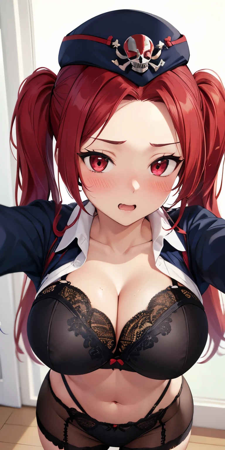 1 Female,High definition,high resolution,Ultra-realistic,8K,1girl, red hair, red eyes, twintails,pencil skirt, skull print, navy cap,fang,European,sexy,Upper body close-up,Photographed from the front,Dynamic Angles,private teacher,blush, huge tits, cleavage, (black lace bra),(black lace panties),(top view),(selfie),(blush:1.3)