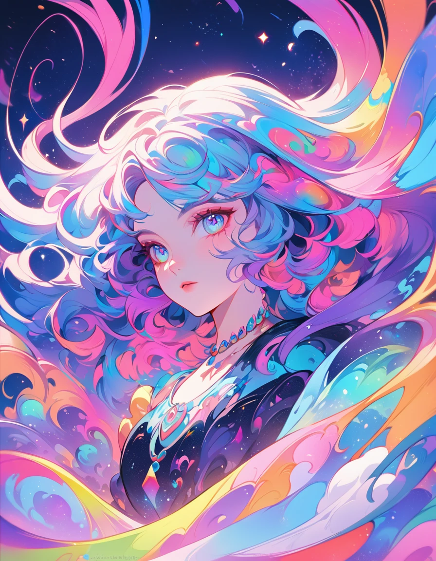 a close up of a woman with colorful hair and a necklace, anime girl with cosmic hair, rossdraws pastel vibrant, artwork in the style of guweiz, fantasy art style, colorful]”, vibrant fantasy style, rossdraws cartoon vibrant, cosmic and colorful, guweiz, colorfull digital fantasy art, stunning art style, beautiful anime style