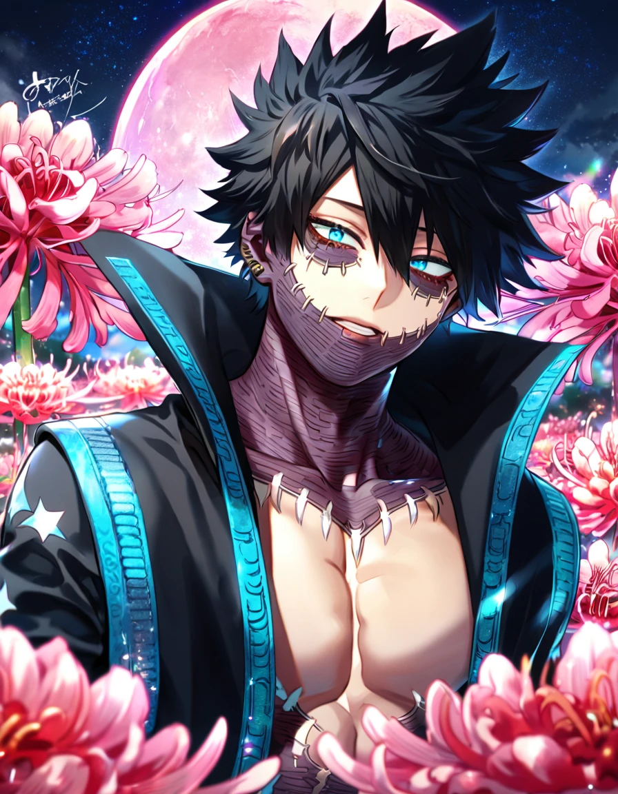 absurdres, highres, ultra detailed, HDR, master piece, best quality, extremely detailed, Dabi, black hair, expressive turquoise eyes, Boku No Hero Academia, solo, sexy man, handsome, sensual, black coat with high collar, fantasy, sparkling, pink glittering fireflies, pink moon, pink blossoms, pink red spider lilies , silver sparkling lights, starry sky, magical