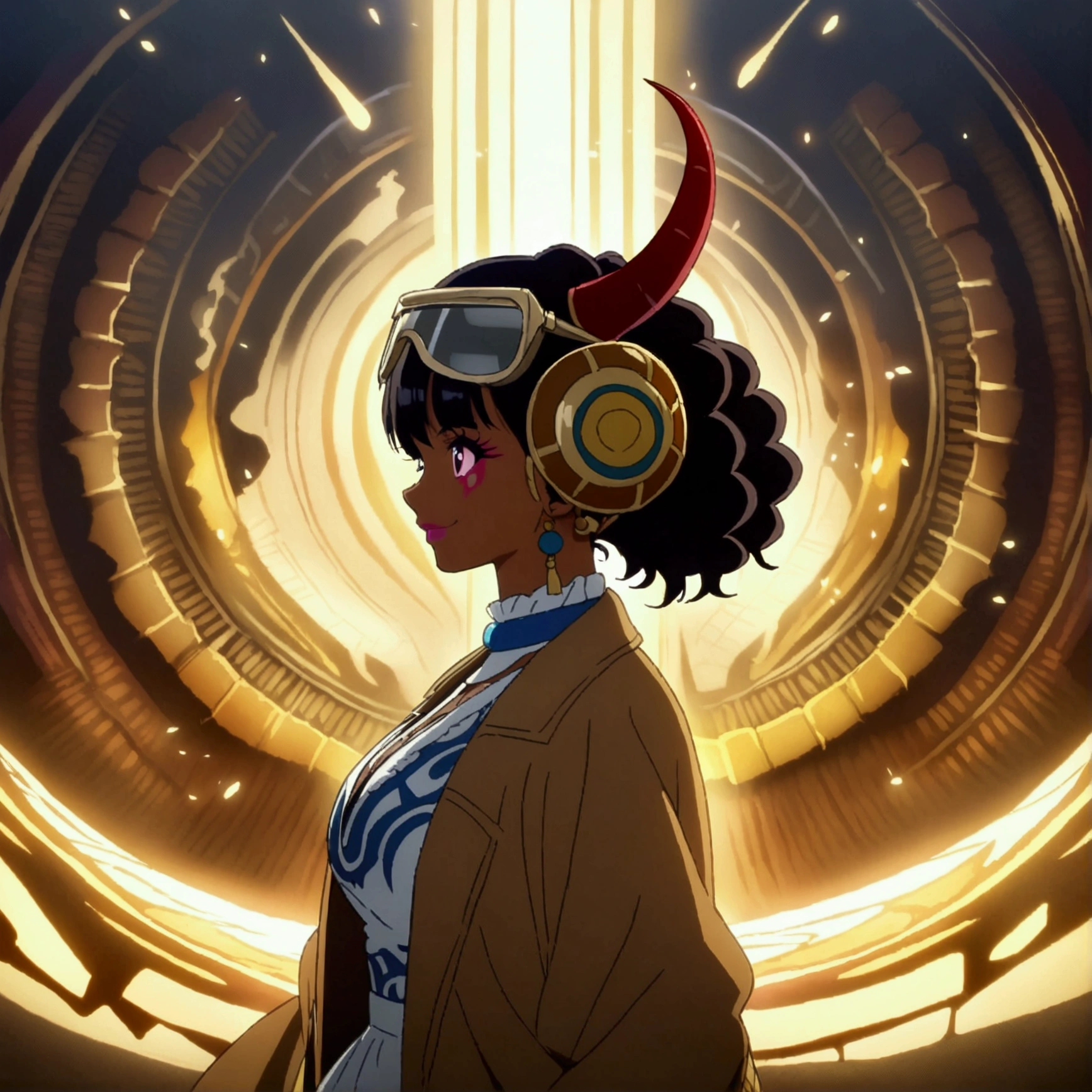 Black woman, muscular and large physique, beautiful makeup, navigator glasses, horns on her head, tribal tattoos, brown overcoat, white blouse, cheerful smile, "One Piece-inspired anime design, filled with dramatic and impressive lighting, profile image, refined angle, infused with creative details, ultra-fine 2D design, scenery bathed in creativity, boasting 2D anime resolution clarity, HD anime graphics, high-octane rendering"