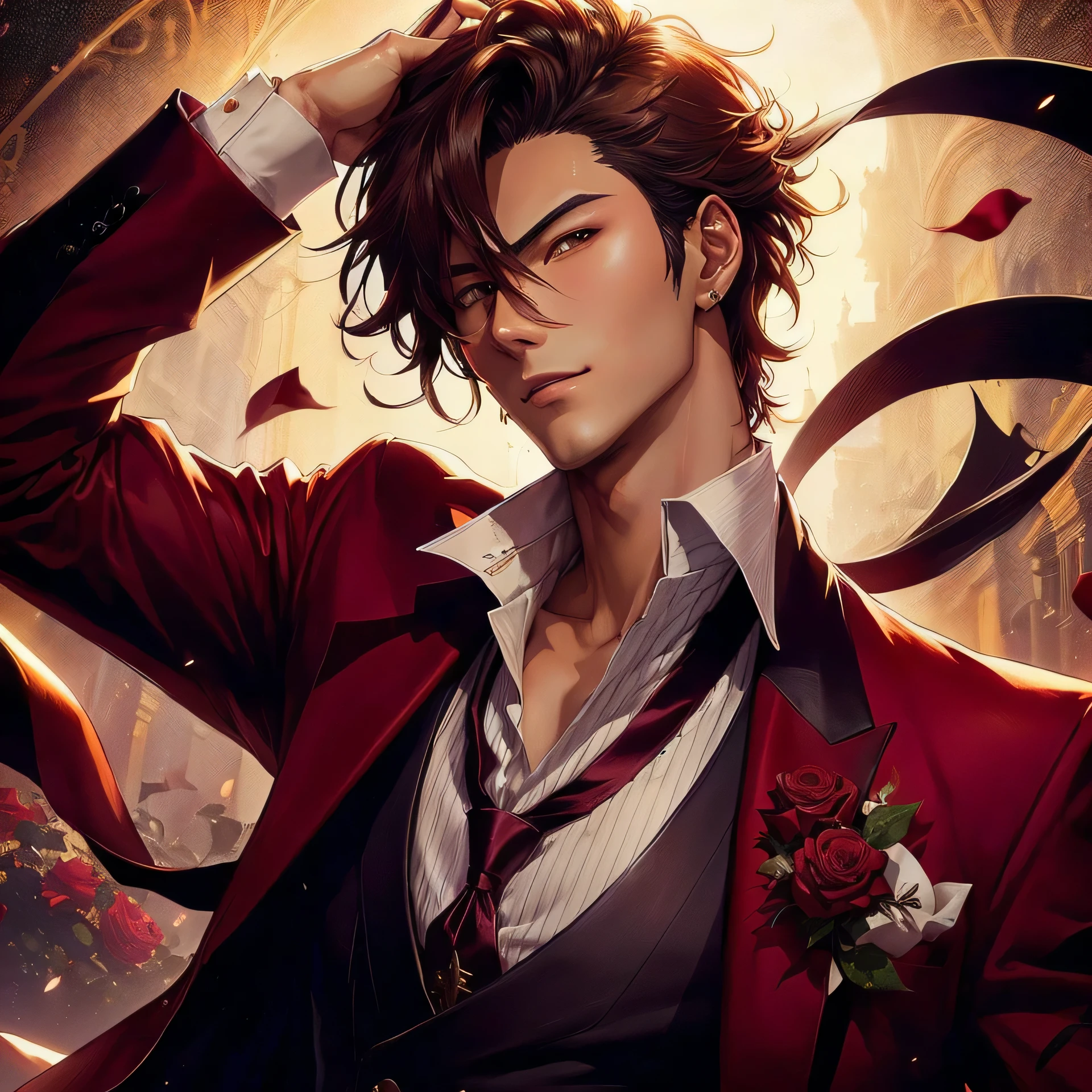 anime, a man in a red suit and tie with a rose in his clothes, anime handsome man, handsome anime pose, handsome guy in demon slayer art, anime key visual of elegant, male anime character, anime portrait of a handsome man, tsurumaki kazuya, key anime art, anime wallaper, inspired by Okumura Masanobu, brown hair, dark brown eyes, majestic place