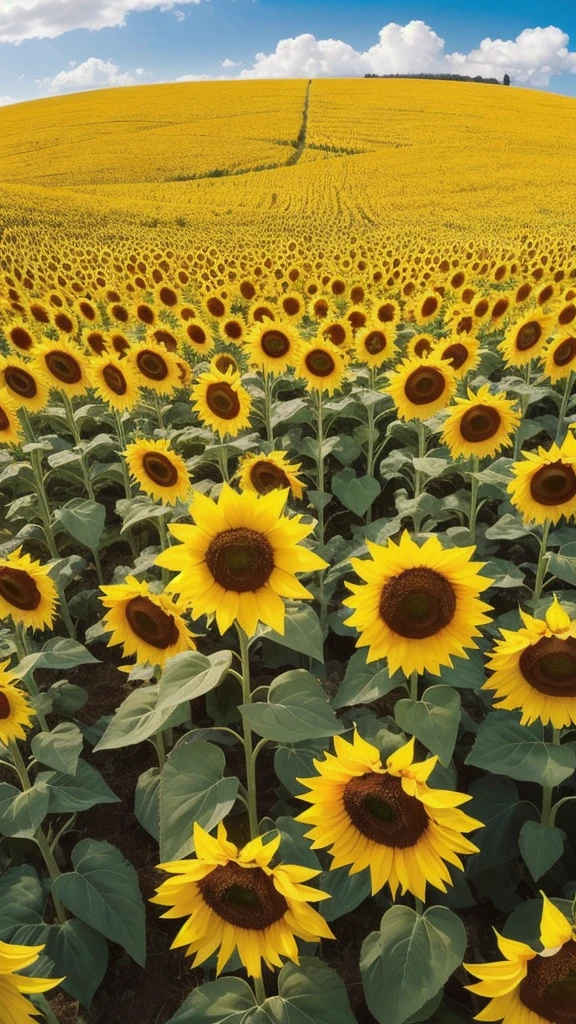 A landscape of a vast sunflower field with a vast blue sky and clouds。A sunflower in full bloom has bright yellow petals and a dark center、They're facing the same direction.。Trees in the background々Column and、Beyond that, the mountain range is faintly visible、White clouds are scattered in the blue sky。High resolution, Reality, Gentle colors,