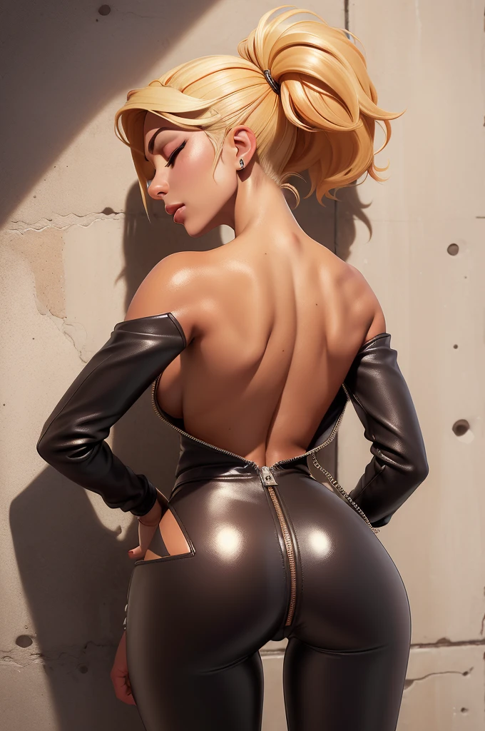 obra prima, melhor qualidade, ((one woman only,)) ((lady gaga, glamor makeup, dark tan skin,)) bleach blonde pixie hair, looking back over shoulder at me, (((eyes closed, mouth open big, face of ecstasy,))) wearing brown distressed leather biker jacket, ((jacket is unzipped, nip slip,)) jacket has padded puff shoulders, shiny leather gloves, ((shiny bright orange leather skinny pants,)) leather has studs and zippers and chains, body is slender, skinny shiny tight ass, ((facing wall, body pressed to wall, shoulders arched back, touching herself sexually,)) (camera view of whole body, back view of body,) shallow depth of field, highres, HD, 8k, anatomically correct