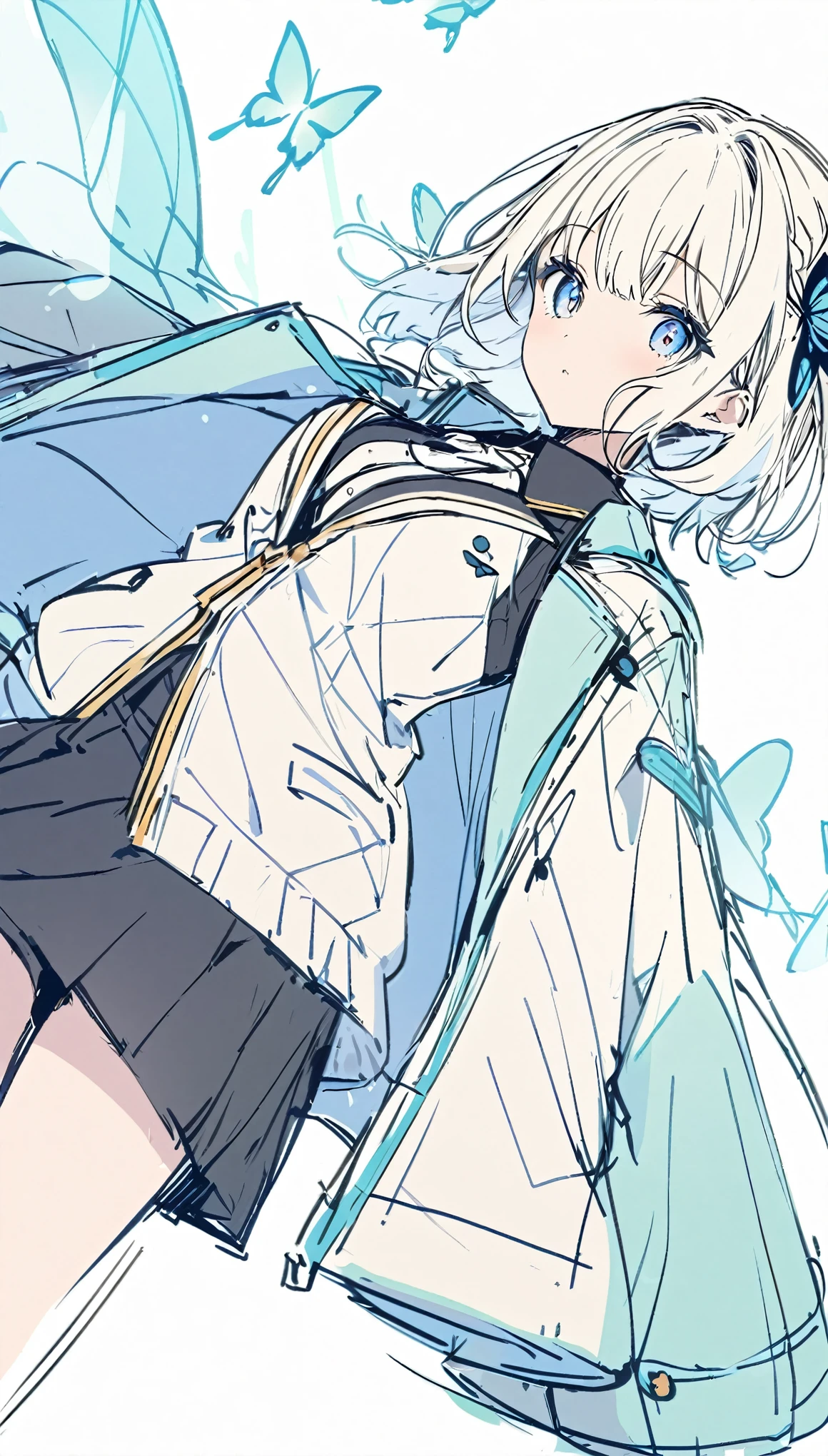 Butterflies are flying、Facing at an angle、Sketch、1girl, stylish, stylish code, large jacket, flying butterfly
