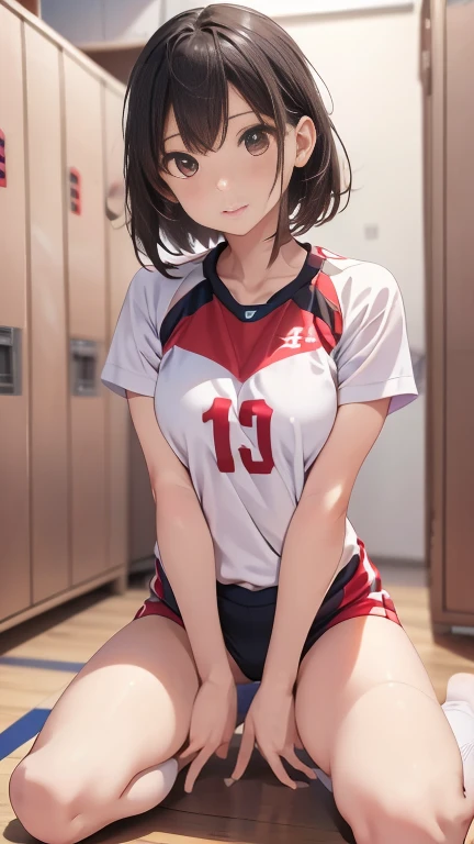 Highest quality, figure, Very detailed, The finer details, High resolution, wallpaper, Perfect dynamic composition, (Detailed high quality, Realistic depiction of eyes:1.3), (short hair volleyball player, Tight clothing, locker room, (Large Breasts), Black hair color, Big Natural Color Lip, Bold sexy pose, (Perfect figure), Putting on gal makeup, Sexy Face, Harajuku Style、20-year-old girl、Cute type、****ta、Beautiful feet, Gravure idol pose, Voluptuous thighs, (Crouching, Leg spread)、riho yosioka, White volleyball uniform, 8k