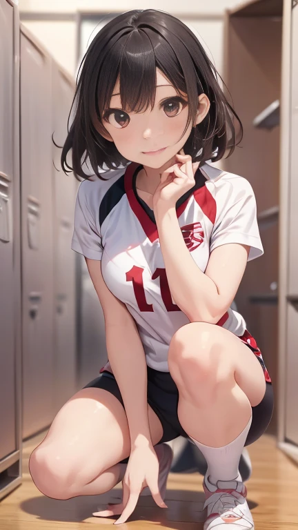 Highest quality, figure, Very detailed, The finer details, High resolution, wallpaper, Perfect dynamic composition, (Detailed high quality, Realistic depiction of eyes:1.3), (short hair volleyball player, Tight clothing, locker room, (Large Breasts), Black hair color, Big Natural Color Lip, Bold sexy pose, (Perfect figure), Putting on gal makeup, Sexy Face, Harajuku Style、20-year-old girl、Cute type、****ta、Beautiful feet, Gravure idol pose, Voluptuous thighs, (Crouching, Leg spread)、riho yosioka, White volleyball uniform, 8k