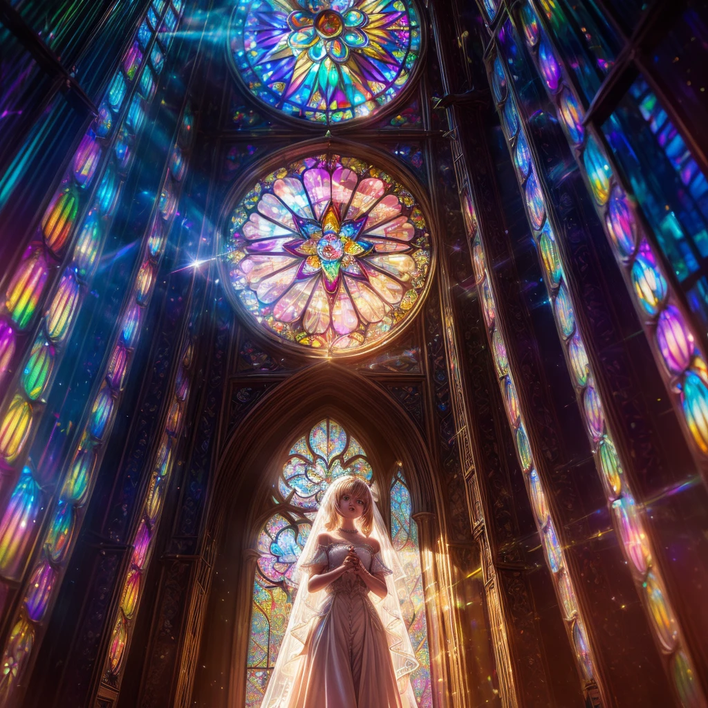 (Cathedral from below:1.28) (ZoomLayer) TopQuality 8K masterpiece of ((Professional photo)), (((Clarisse de Cagliostro))) (Detailed White WeddingDresses), Chain, (((Extremely detailed KAWAII face))) {((VeiledFace))|BlondeHair|(Elaborate BuleEyes)with(SparklingHighlights:1.28)}, The background is distant (((Elaborate stained glass))) Rainbow Glass, {(MysticSight)|EnchantingAtmosphere|Haze|(GodRays)|TyndallEffect}, Radiant PearlSkin with Transparency, (Exposed:0.39)