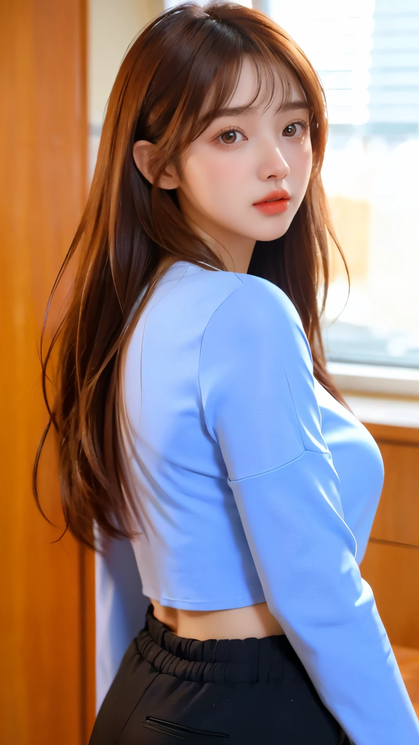 (masterpiece, best quality), (kpop idol, beautiful girl), BREAK 0406,Best-quality, Masterpiece, Ultra-High-Resolution, (Photorealistic:1.4), Raw-Photo, Extremely-Details, Perfect-Anatomy,
in In manhwa art style young adult Korean woman 24s. Her haircut is hime cut with bangs and ginger color. Her face is oval , which carry a hopefully and cool face. Her skin is radiant and clear, and her lips is red pink. Brown color eyes are captivating and beautiful. She is wearing a black pants and blue long-sleeved and glasses blouse while inside his photographic studio