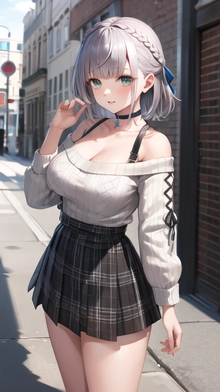 masterpiece, best quality, highres, ccnoel, short hair, french braid, hair ribbon, black choker, collarbone, cleavage, off-shoulder sweater, white sweater, plaid skirt, street, cowboy shot, standing,