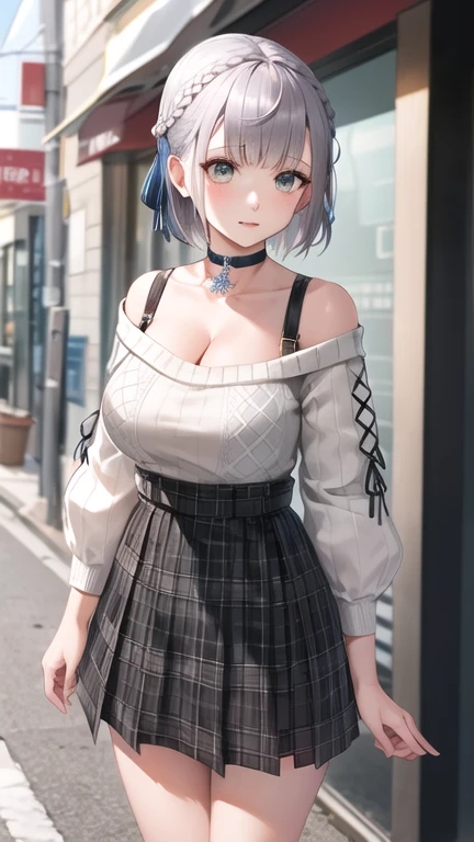 ((best quality)), ((masterpiece)), (detailed), 1girl, off-shoulder sweater, look at viewer, white hair, cute, kids , big breasts ,mini skirt school ,blue eyes ,twintail long hair, cat ears