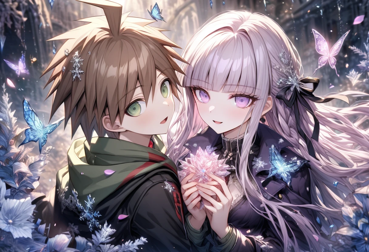 Ultra detailed, HDR, Highres, absurdres, master piece, Naegi Makoto, brown hair, expressive teal eyes, Kirigiri Kyouko, light lavender hair, expressive purple eyes, black clothes, Danganronpa, ice glittering butterflies, ice, petals, ice pink glass flowers, glittering, fantasy, magical, snowflakes, cold, a handsome man together with a beautiful woman, couple, love, smiling