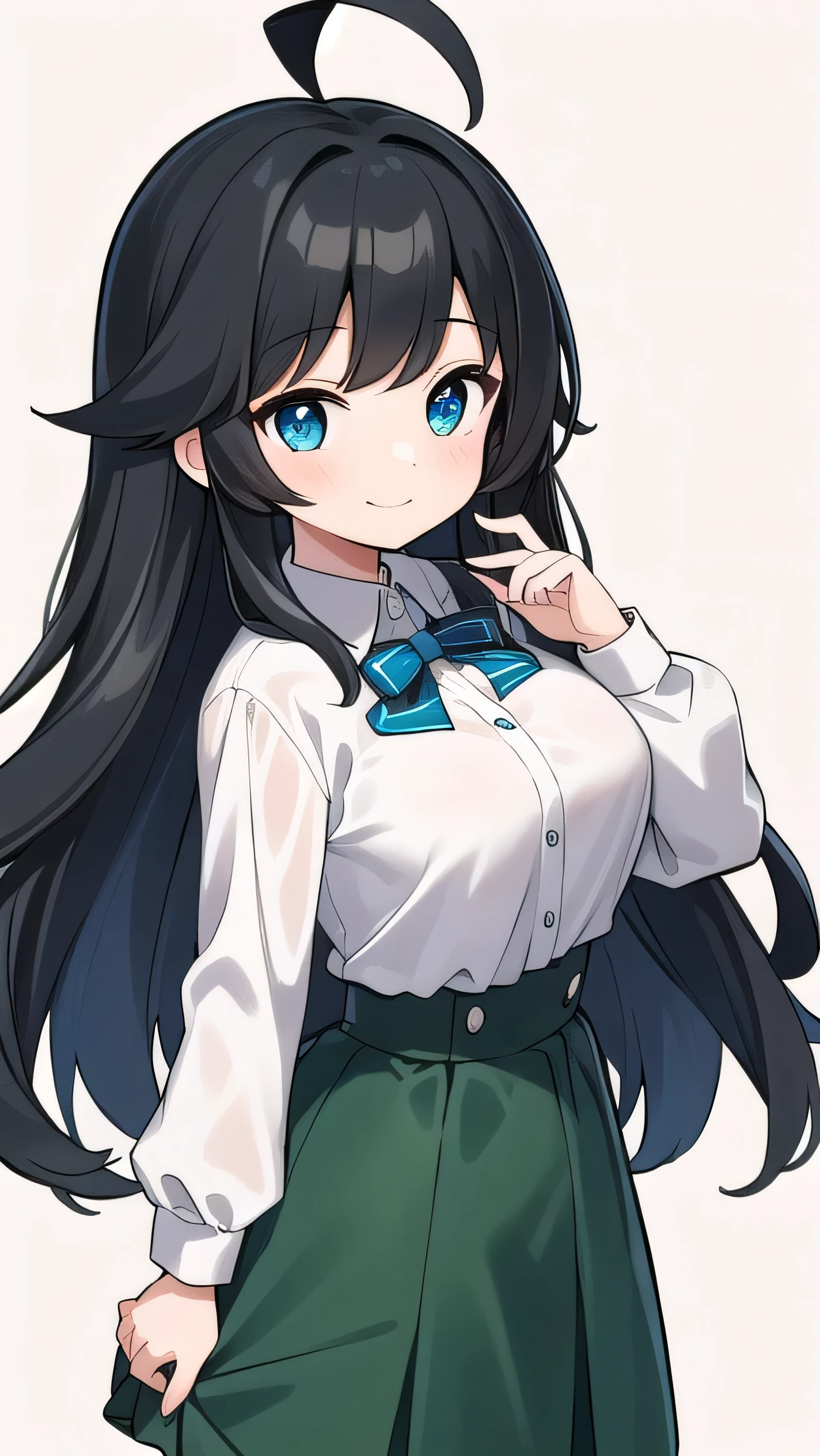Junior high school student who looks like an elementary school student, , very short, 140cm tall, black hair with a slight green tinge, short ahoge, beautiful long hair but with a little hair sticking out, beautiful round eyes, blue eyes, smile, boyish, long sleeves , thick clothes, skirt, big breasts, hair longer than waist, long hair, young face, dark greenish black hair, gentle smile, a little shy, skirt is black, hair is black but has a slight green tinge, boyish and gentle smile I have.