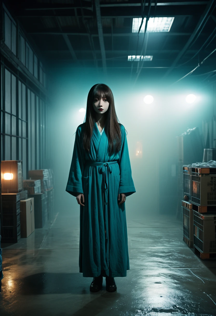 Sadako, Creeppasta monsters in a dark warehouse nightmare border space, Dynamic Lighting, Realistic, Talked about at the art station, Amazing visuals, Foggy, creative, Cinematic, Super detailed, Atmospheric, Ambient Lighting, Scary Art, Poor quality, Heavy film grain, Low saturation, Orange Teal