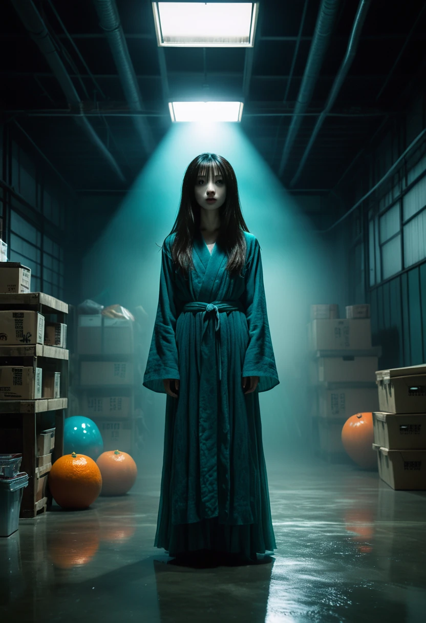 Sadako, Creeppasta monsters in a dark warehouse nightmare border space, Dynamic Lighting, Realistic, Talked about at the art station, Amazing visuals, Foggy, creative, Cinematic, Super detailed, Atmospheric, Ambient Lighting, Scary Art, Poor quality, Heavy film grain, Low saturation, Orange Teal