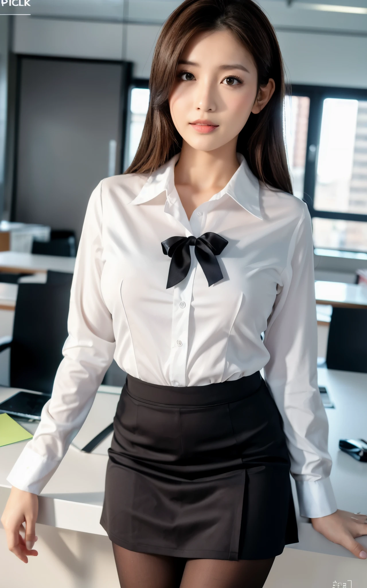 ((Best quality, 8k, Masterpiece :1.3)), Whole body:1.3, Sharp focus :1.2, A pretty lady with perfect figure :1.4, Slender abs :1.2, ((Dark brown hair, Big breasts :1.2)), Highly detailed face and skin, Detailed eyes, Double eyelid, ((wearing OL Uniform, Office Wear, white shirt)), exposed cleavage, (Black Pantyhose), Interior Scene, Office