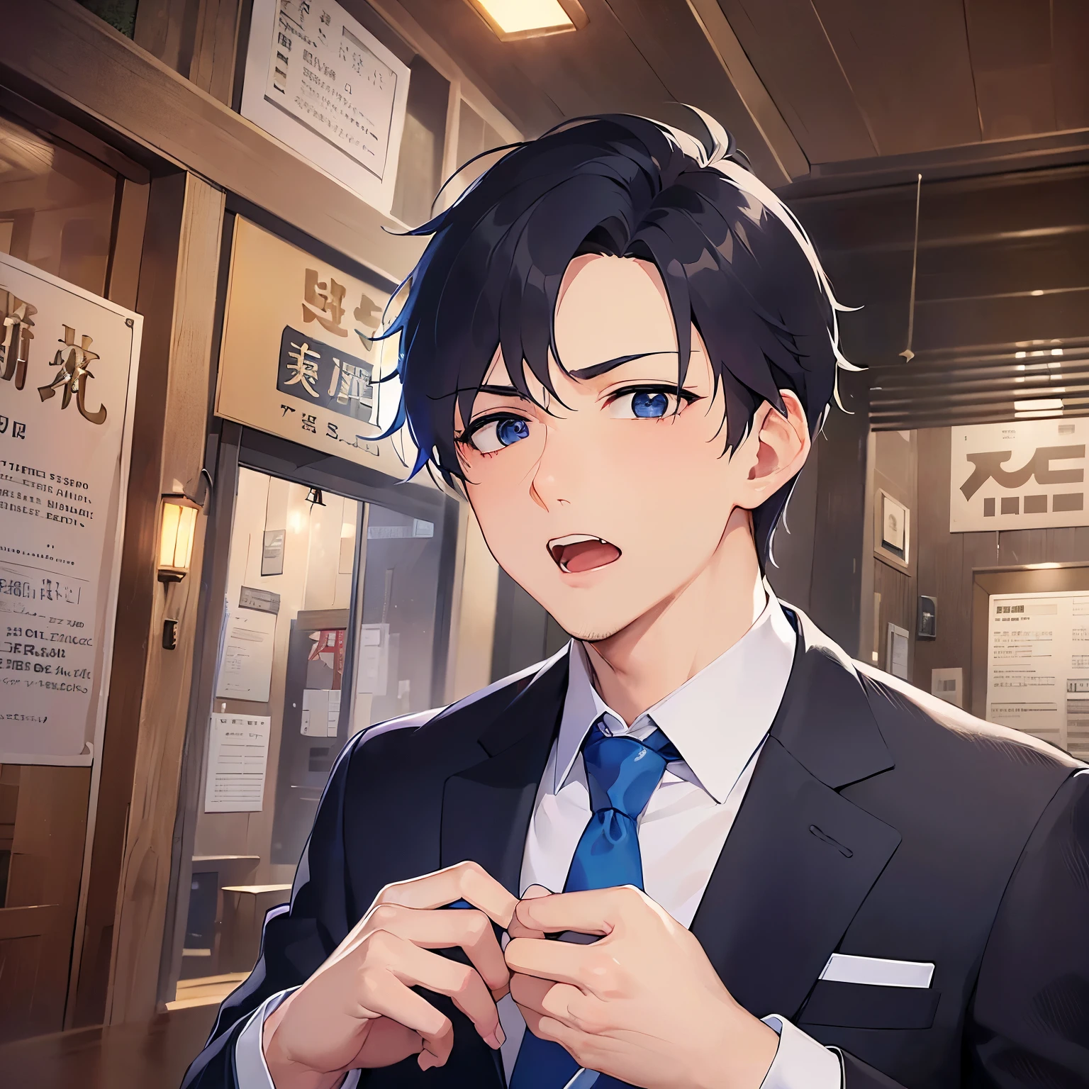 masterpiece、Highest quality、upperbody,Shooting from below、
(25-year-old male:1.5) and(Black short hair) and (blue eyes),
(suit:1.5) and (Blue tie)(suit:1.5) and (Blue tie)、blush,worried,open mouth,The background is the interior of an izakaya at night.、