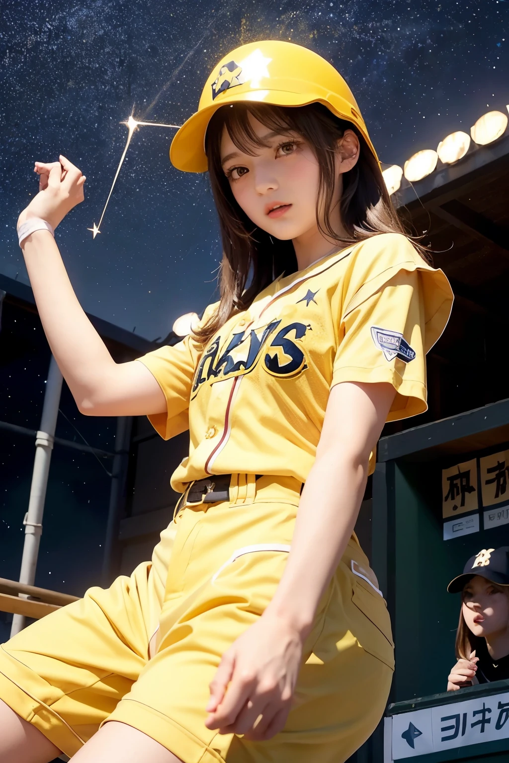 Three Girls, Long Hair, High resolution, Blushing, Open your mouth, Animal ears, Cat ear, Pink eyes, (Baseball uniform:1.3), (Yellow helmet:1.3),Bat,baseball grab, ball,
(Starry Sky:1.6),Masterpiece, (From below:1.4)