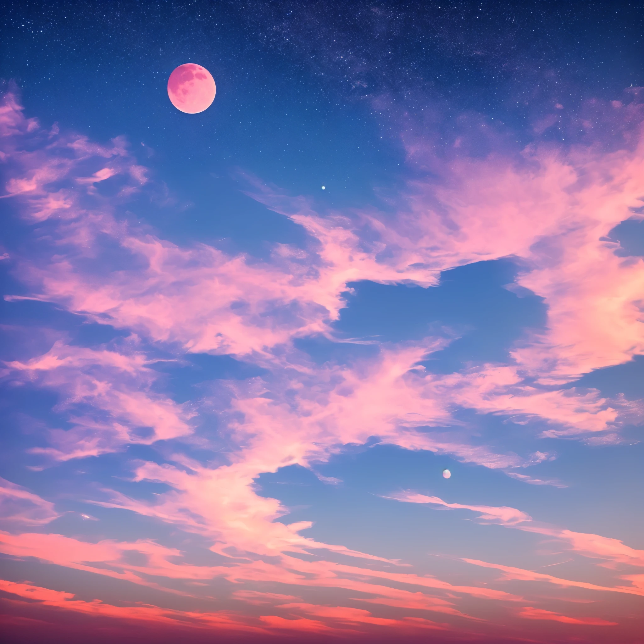 a pink moon in the sky with clouds and stars, pink moon, ☁🌪🌙👩🏾, giant pink full moon, ✨🕌🌙, heaven pink, pink skies, beautiful as the moon, pink clouds, the sky is pink, moon in the sky, ❤🔥🍄🌪, pink sky, dreamy ethereal vibe