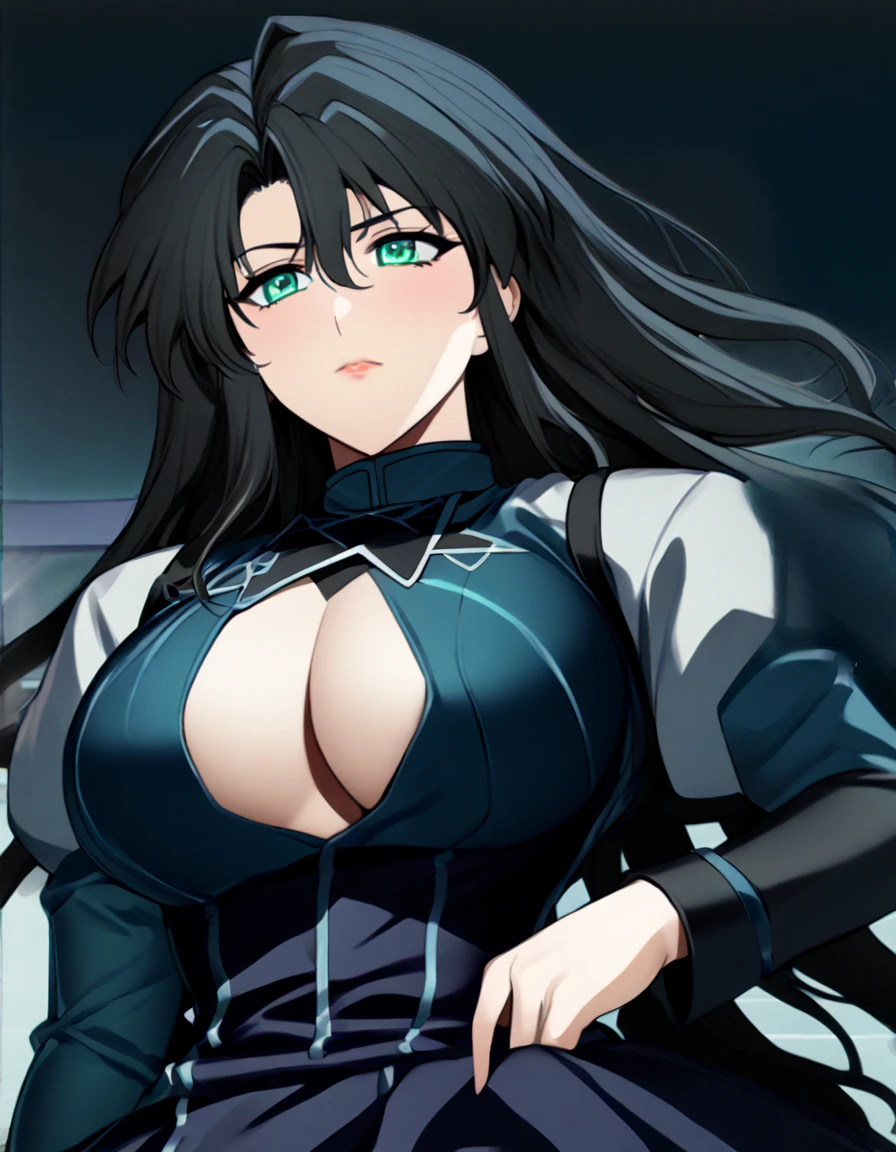 High detailed, kimtag, 1 girl, solo, akenohimejimaSDXL, Ivory colored eyes, castleton-green colored hair, busty, plump Buson, chunky body, blue genetics's uniform, Juliet sleeves,  deep cleavage, blue skirt, genetics's uniform, juliet sleeves, genetics's uniform, shy expression