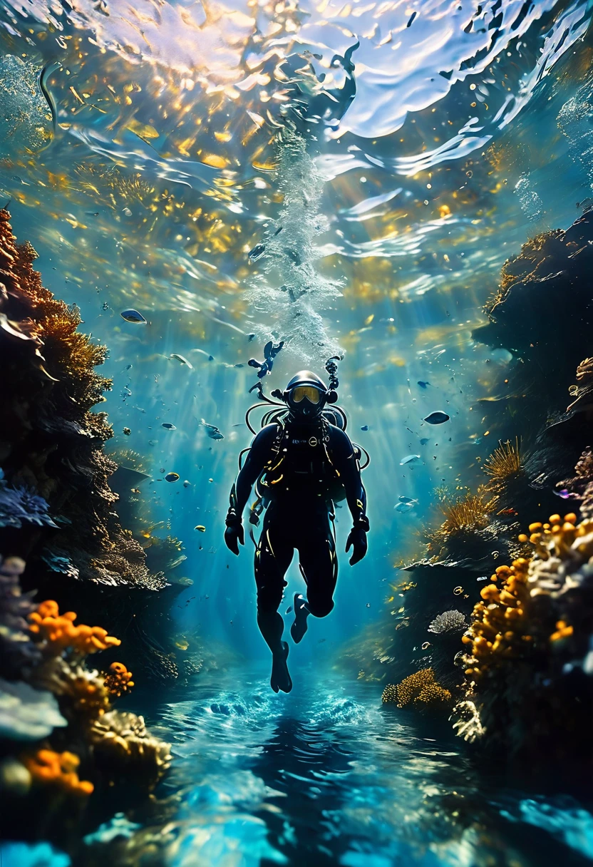 Diver man, Underwater, por Josh Adamski, best qualityer, work of art, very aesthetic, perfect composition, details Intricate, ultra detali