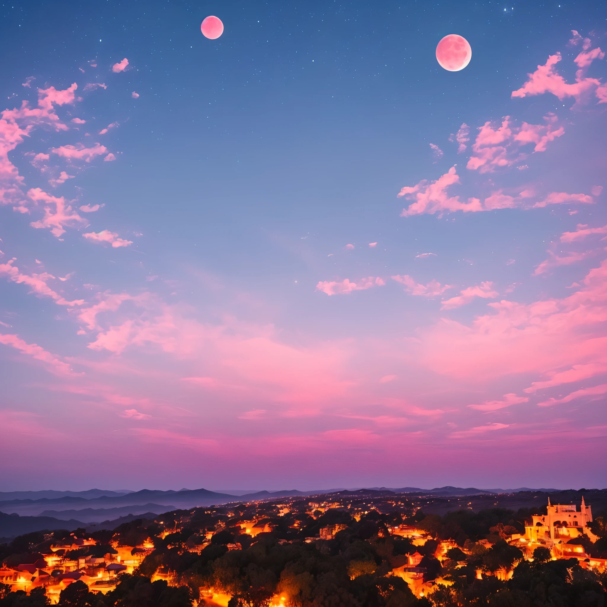 a pink moon in the sky with clouds and stars, pink moon, ☁🌪🌙👩🏾, giant pink full moon, ✨🕌🌙, heaven pink, pink skies, beautiful as the moon, pink clouds, the sky is pink, moon in the sky, ❤🔥🍄🌪, pink sky, dreamy ethereal vibe