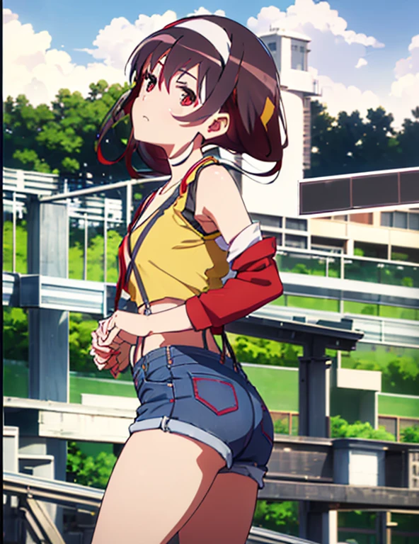 anime-style utaha kasumigaoka (red eyes:1.7), ((dark black hair), (ample chest:1.2),stretching, ((her side to the viewer)), in front of a fence on a farm, BREAK collarbone, very ((yellow cropped shirt, red suspenders and denim pants)), ((exposed midriff)), bare arms, bare shoulders, bare legs, blushing, twenty-year old woman BREAK looking at viewer with eyes partially closed, BREAK outdoors, standing in front of a farm, BREAK (masterpiece:1.2), best quality, high resolution, unity 8k wallpaper, (illustration:0.8), (beautiful detailed eyes:1.6), extremely detailed face, perfect lighting, extremely detailed CG, (perfect hands, perfect anatomy), full body shot