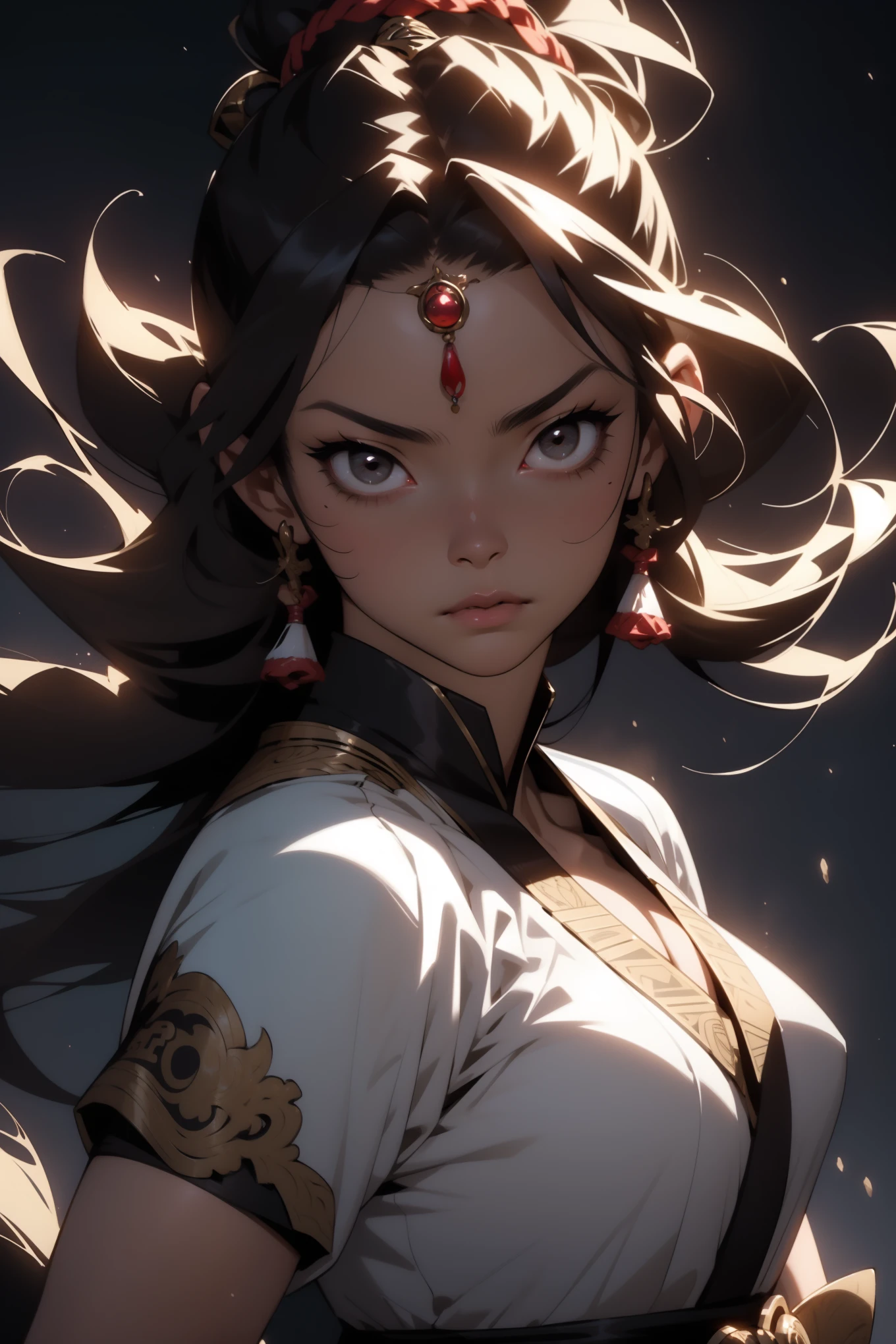 Female Swordsman Kimetso No Yaiba, Exquisite facial features, Three-dimensional facial features, Perfect face, Wearing a traditional samurai armor, Intricate katana by her side, Tresse hairstyle, Brown and shiny hair, Perfectly sharp and detailed samurai sword, Majestic-looking, Invincible, Top Photography Masters Award-Winning Works, Light particles surround, tmasterpiece, A high resolution, Luxury goods, Detail-rich, Strong and athletic physique, Female body type, Muscular arms, Sweat beading on her forehead, Detailed light and shadow, Night scene, Empty dojo, Dramatic pose,