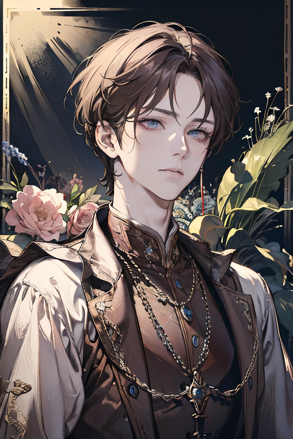 (masterpiece、Absurd realism、High resolution、Super fine) One Man、brown hair、adult、pink eyeale Focus、Handsome face、Casual clothing、Charm、beautiful、Detailed eyes and face, the image is a mesmerizing masterpiece、Meticulously crafted with absurd realism and high resolution that brings every detail to life。The subject is a man。He is an adult、like The beautiful features are still vivid,、It hints at the maturity of age,((royal palace:1.15)),(knight costume:1.25).