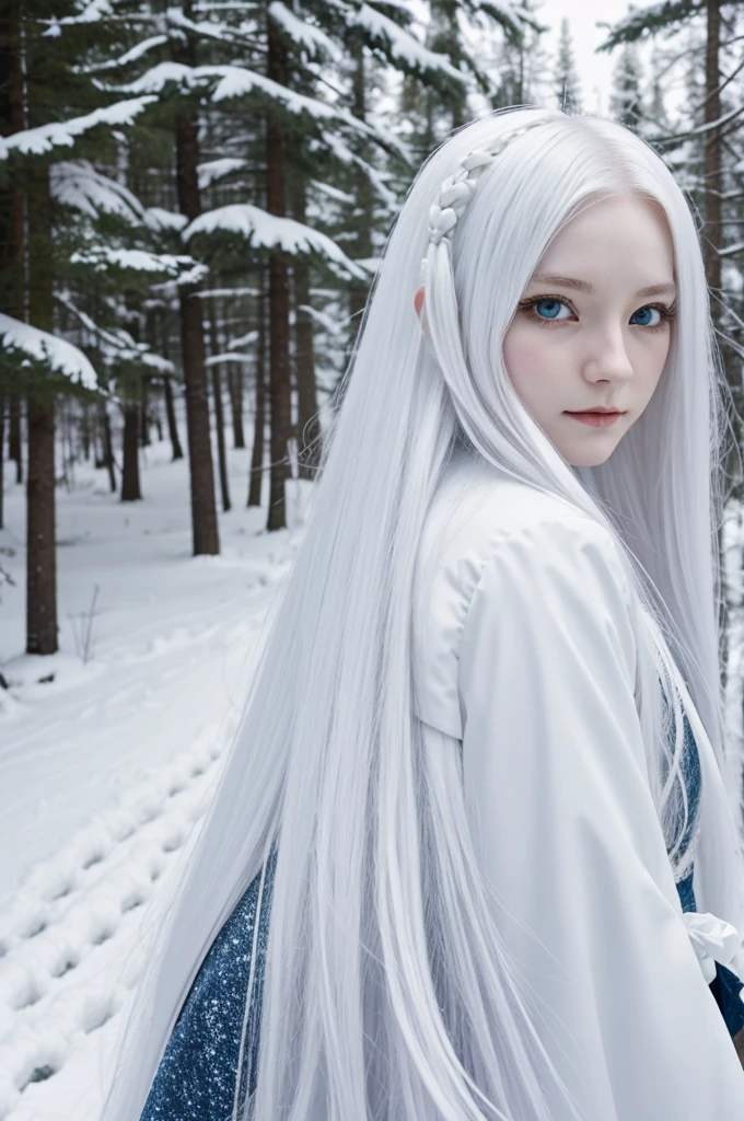 Girl, long white hair, white eyes, pale skin, kitzune, genshin impact, snowy forest, looking back