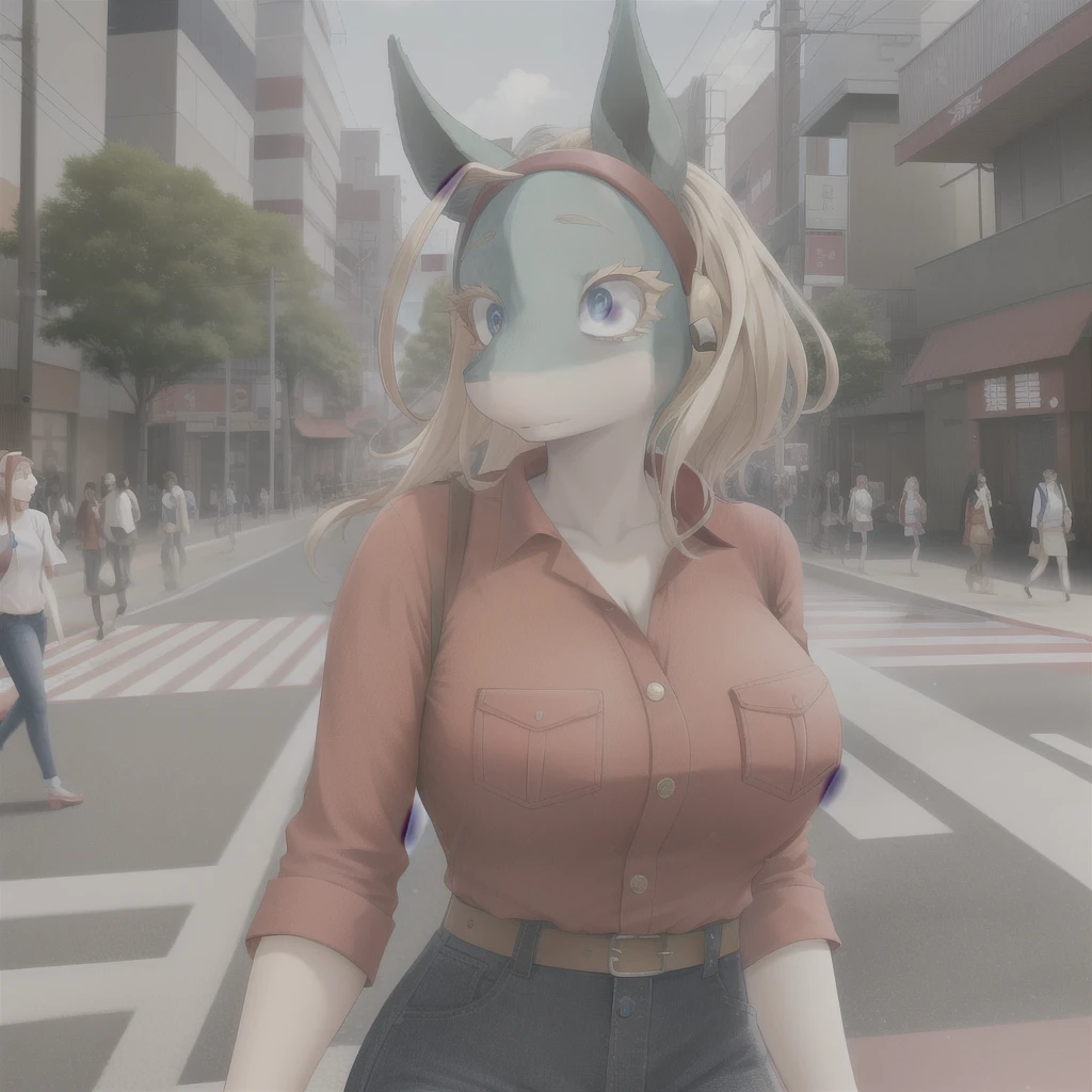 ippan_josei wearing a red shirt and blue jeans walking across a busy Japanese street crosswalk, shirt pocket, two-tone skin, giantess, snout, masterpiece, best quality sexy