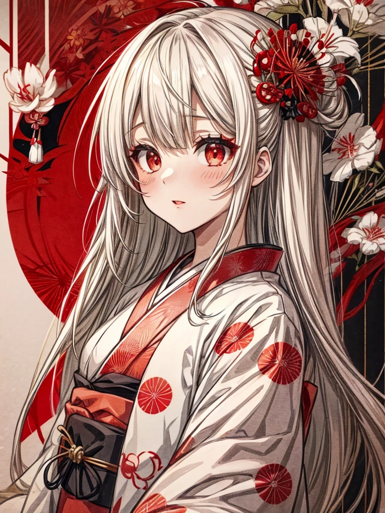 Girl in kimono standing with Japan sword, White medium hair, Red eyes, Red lips, A kimono with a red spider lily on a black background, Red splash pattern on a black background, super high quality, Ultra-fine detail, Very thin handle,Japanese geometric pattern background、