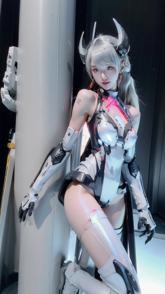 best quality, 1080P, Masterpiece, Whole body photo, Ultra high resolution, photorealistic photo, ultra realism, Realistic skin texture, white hair, High Pigtails, Extreme skin detail, dslr, Detailed eyes, red eyes, Facing the camera, Very beautiful face, Firm facial structure, Pale skin, Realistic skin texture, Extreme skin detail, oc render reflection textures, Realistic light and shadow, One picture, alone, The body is slender and balanced.., Age 20, Height 170, no underwear, Flat stomach, (White shiny leather bodysuit), full body view, Whole body photo, A girl with the body of a mechanical robot., Transparent futuristic white glass mech armor suit, Airi_aov_hs, 1girl, 独奏, bangs, long hair, white hair, very long hair, headband, black headband, cyber headband, horns, eyelashes, long eyelashes, eyeliner, sharp eyelids, makeup, lips, earrings, red earrings, head, face, smile, close mouth, bodysuit, white/black bodysuit, leotard, cybernetic leotard, bare shoulders, shoulder armor, white/black shoulder armor, transparent shoulder armor, arm armor, gloves, gray gloves, thighs, white thighs, stockings, cyber tights, boots, long boots, platform shoes, The mechanical cervix is attached to the neck., Woman with perfect mechanical arms and legs, beautiful breasts,