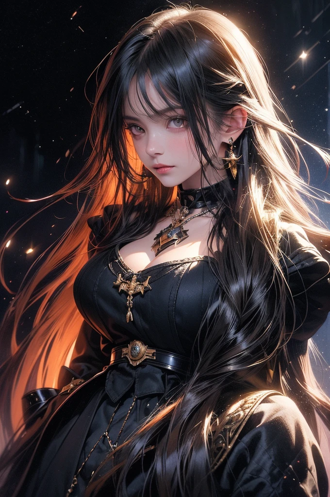 (dark dim dramatic atmosphere) 8k portrait aurora, young woman with super long hair, hair dissolving into bright stars, in drip modern clothing, intricate, highly detailed, digital painting, smooth, sharp focus, illustration, unreal engine 5, 8 k, art by artgerm and greg rutkowski and alphonse mucha, big breasts, ultra ilumination.