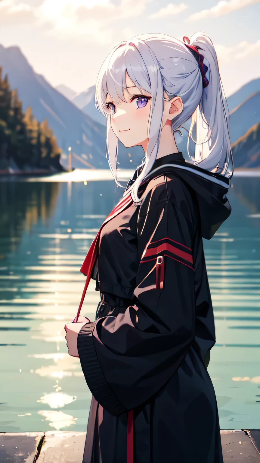 In the clear early morning air、A beautiful girl standing by the lake。White hair tied in a ponytail、Purple eyes shining in the morning sun。She gazed cheerfully at the lake&#39;s surface.、Smiling and taking a deep breath。The sight is as beautiful as a painting.。