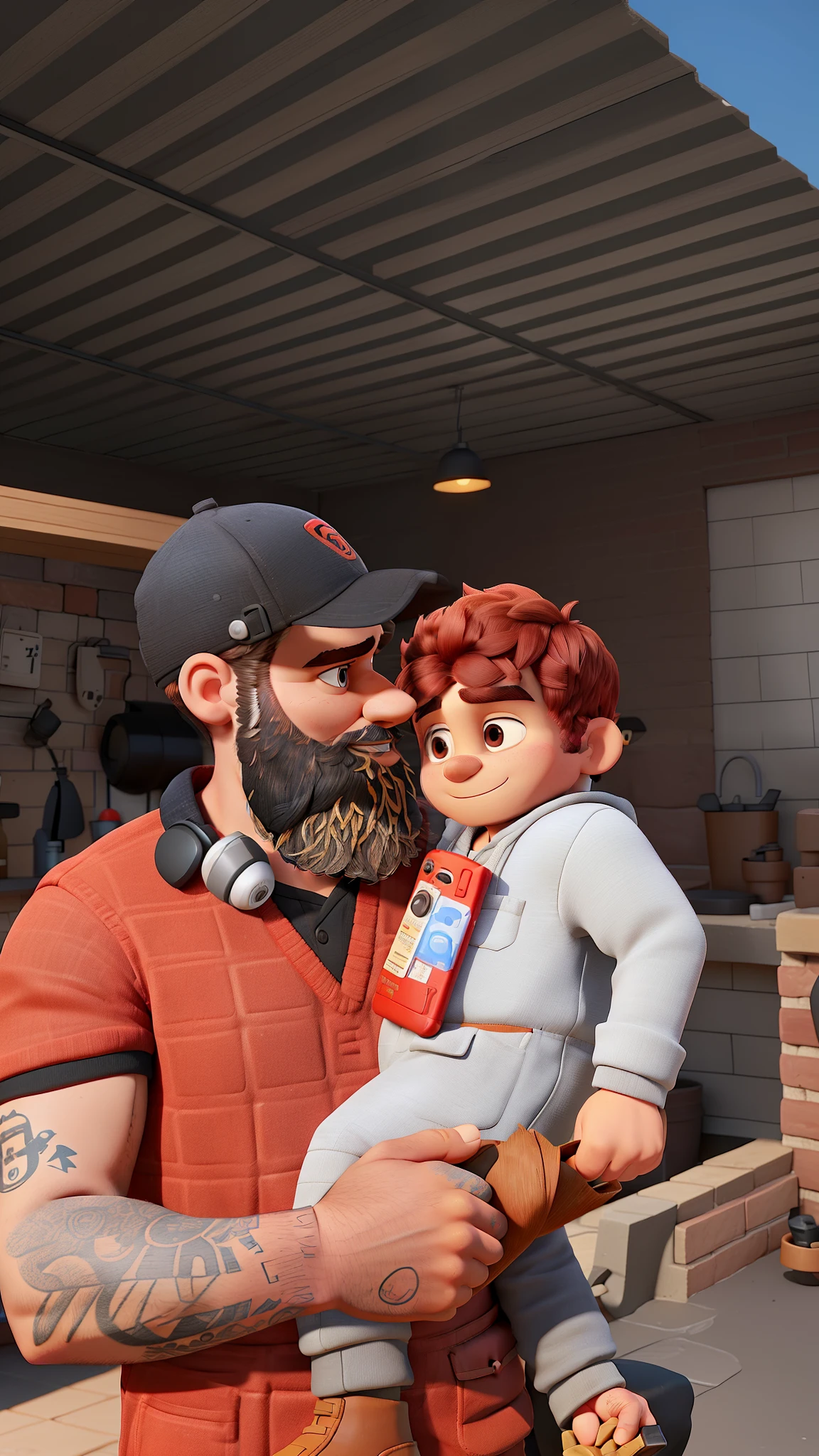 35-year-old man with a very short buzzed sides black hair, with a beard and black eyes. In a bricklayer's outfit, with tools, and his 1-year-old red-haired baby son, his som wearing a red headphone. Image is based on Pixar's Disney World animation