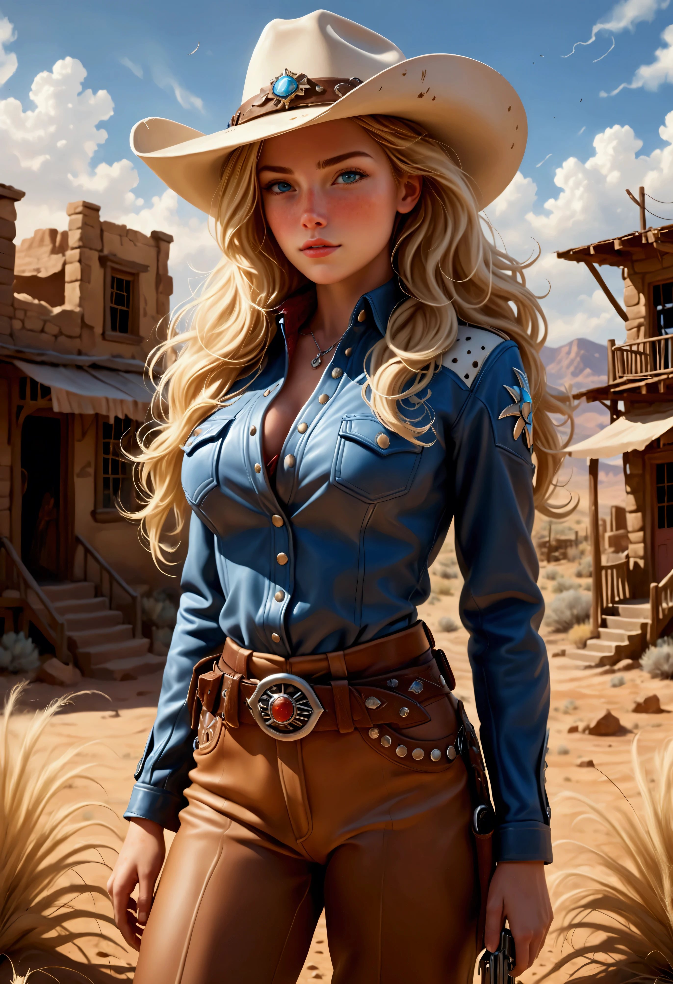 Create a breathtaking, ultra-high-definition image in 16K resolution that captures the adventurous and stylized essence of a Western world realistic photo aesthetic. | Visualize a stunning blonde cowgirl with flowing hair and cute freckles across her cheeks, embodying both strength and grace. She has expressive blue eyes and a natural beauty that shines through her rugged appearance. She is dressed in a stylish yet practical cowgirl outfit, featuring a wide-brimmed hat, a leather jacket with intricate patterns, a belt with a prominent buckle, and sturdy boots. Her attire should blend traditional Western elements with subtle futuristic accents.|The scene is set in a desolate desert town with a few rundown buildings and a vast, arid landscape stretching into the distance. The sky is a brilliant, deep blue with a few wispy clouds, and the harsh sunlight casts long shadows, adding depth and drama to the scene. Dust and tumbleweeds drift across the ground, enhancing the wild and untamed atmosphere.| Capture the cowgirl in a dynamic pose, perhaps with one hand resting on her holstered gun and the other shading her eyes as she gazes into the distance, ready for whatever challenges lie ahead. Her expression should convey a mix of determination and confidence, with a hint of mystery. The camera angle should emphasize her full body, highlighting the details of her outfit and her strong, athletic build. | The overall ambiance should integrate vibrant colors and rich details, creating a sense of depth and immersion in this futuristic Western world. Ensure anatomical correctness, with a focus on ultra-detailed textures and high-quality rendering, capturing every nuance of the cowgirl's appearance and her rugged surroundings. This masterpiece should embody the spirit of adventure and resilience, immersing viewers in its lifelike depiction. | Keywords: (beautiful blonde cowgirl:1.3), ((realistic photo)), ((cute freckles):1.2), ((futuristic Western)), ((dynamic pose)).